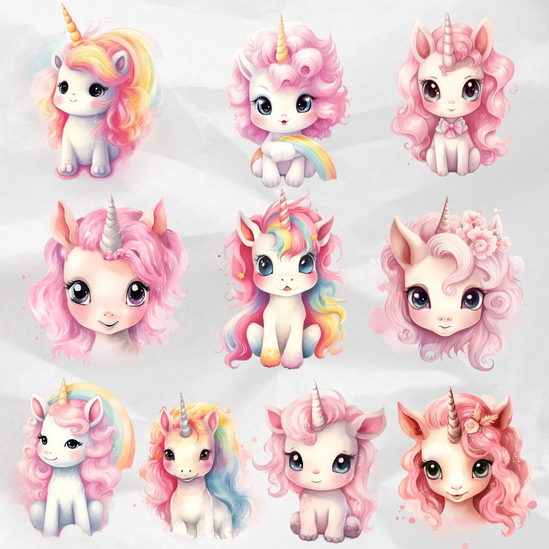 Rainbow Clipart Delight: Dive into a colorful world with kawaii unicorns and rainbows. Perfect for baby party decor and creative projects. PNG images bring a touch of enchantment. Commercial use permitted