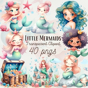 Clipart de sirène mignonne aquarelle Éléments de mer magiques aquarelle PNG Queue de sirène PNG sous la mer Clipart animaux marins mignons PNG usage commercial