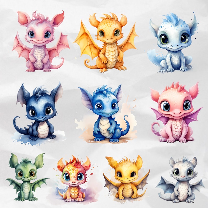 Nursery Sublimation Graphics: Sublimation-ready clipart ideal for decorating nursery items with magical baby dragon illustrations