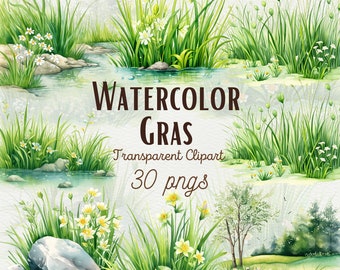 Ensemble d'images clipart d'herbe à l'aquarelle, bordures botaniques printanières (PNG, usage commercial)