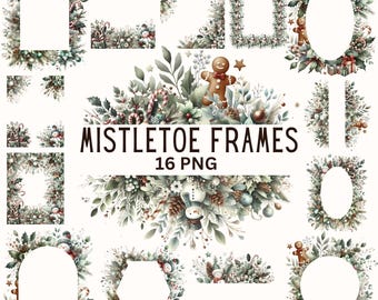 Watercolor Christmas Border Clipart Winter Floral Frame PNG Watercolor Christmas Mistletoe Clipart Bundle Xmas Greeting Card Commercial Use