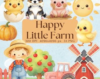 Happy Little Farm Clipart Bundle Cute Watercolor PNG for Crafts & DIY Projects