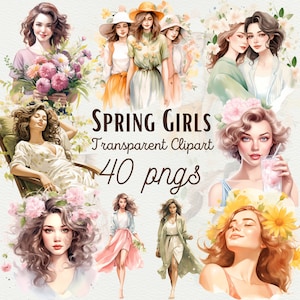 Aquarel lente meisjes PNG clipart lente PNG graphics mooie meisjes foto's lente clipart ontwerpen gezellige lente seizoen PNG commercieel gebruik