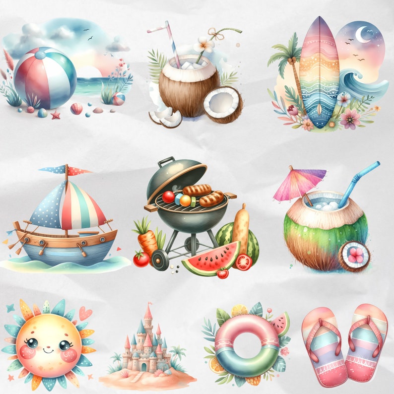 Add a touch of summer to your creations with the Watercolor Summer Vibes Collection Clipart. Featuring pool party and vacation graphics, along with beach clipart in PNG format for commercial use.