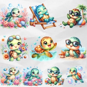 Decorate your summer projects with Baby Turtle Clipart, offering charming watercolor turtle PNG graphics. These cute sea turtle cliparts are ideal for beach and under the sea themes, suitable for commercial use.