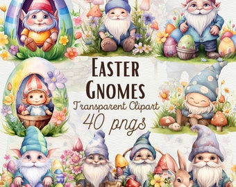 Watercolor Easter Gnome Clipart, 30 PNG Spring Gnomes (Commercial Use)