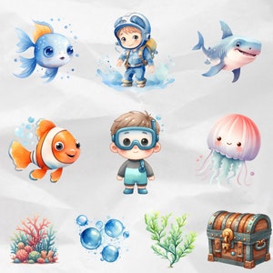 Delve into the depths of creativity with Watercolor Undersea Clipart, featuring delightful PNG illustrations of cute marine creatures. Great for sea nursery decor and commercial use, these underwater design.