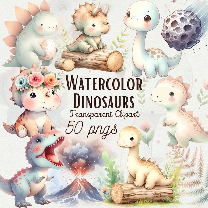 Add a touch of cuteness to your party decor with Watercolor Dinosaur Clipart. This set includes baby dinosaur PNG images, perfect for birthday parties, baby showers, and nursery designs. Ideal for creating dinosaur stickers for commercial use.