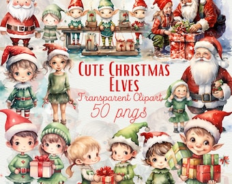 Op de afbeelding: Een set van 50 digitale clipart-afbeeldingen met schattige kerst-elfjes in verschillende poses. De elfjes dragen rode en groene kleding en houden cadeautjes vast. De afbeeldingen zijn perfect voor het maken van feestelijke knutselwerkjes, kaarten en andere projecten.