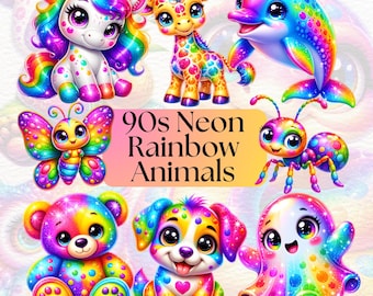 90s Vibrant Retro Neon Rainbow Animals Clipart for Creative Projects