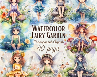 May include: Watercolor illustrations of fairies in a garden setting. The fairies are wearing dresses and have wings. The background includes flowers, mushrooms, and leaves. The text "WATERCOLOR FAIRY GARDEN Transparent Clipart 40 pngs" is visible in the center of the image.