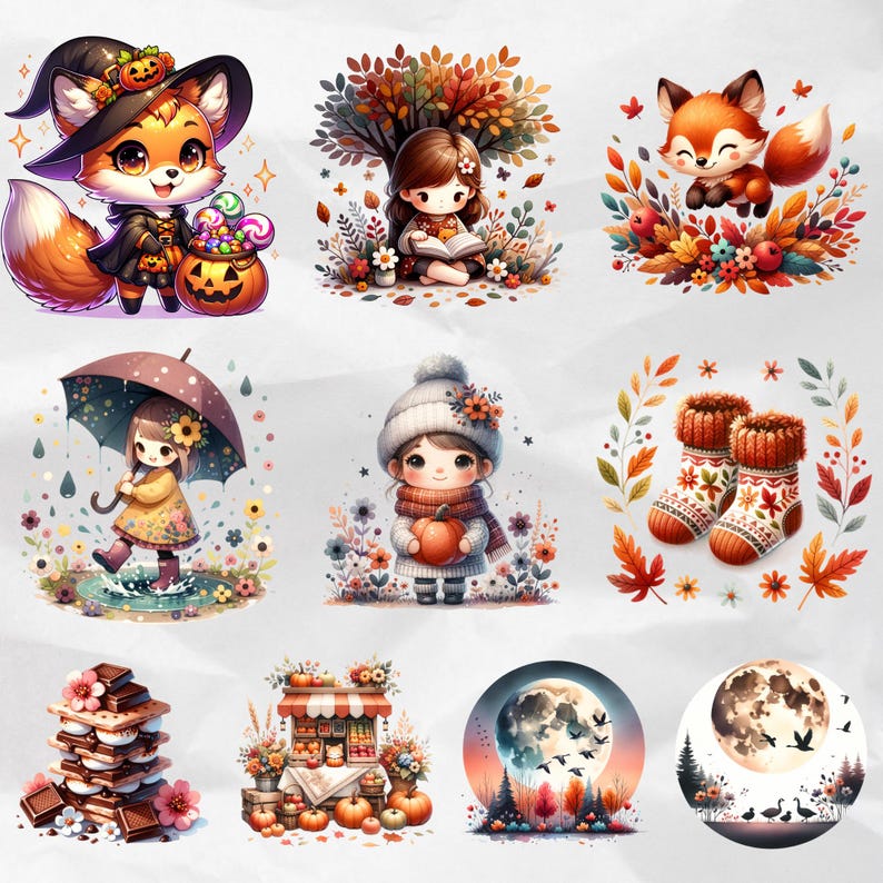 Watercolor Autumn Clipart Bundle: Cozy Fall PNG Graphics (commercial ...