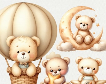 May include: Five illustrations of cute teddy bears in various poses. One bear is in a hot air balloon, another is on a crescent moon, one is holding a star, and two are flying in airplanes.