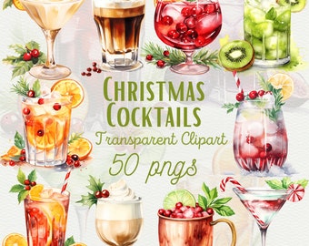 Watercolor Christmas Cocktail Clipart - Festive Drink Graphics for Holiday Parties