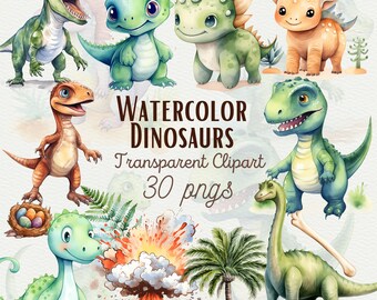 Clipart di dinosauri ad acquerello, simpatici dinosauri in formato PNG (uso commerciale)