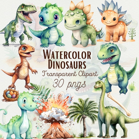 Watercolor Dinosaur Clipart, Cute Dino PNGs (Commercial Use)