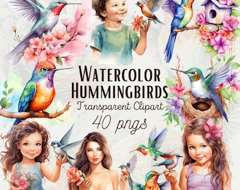 Watercolor Hummingbird Clipart, Floral PNG Bundle (Commercial Use)