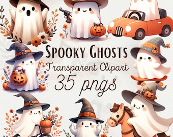 Watercolor Cute Halloween Ghost Clipart Fall Ghost PNG Pastel Halloween Clipart Pumpkin Ghost PNG Halloween Decor Designs PNG Commercial Use