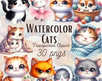 Watercolor Cute Cat Clipart Happy Cats Cartoon Cat PNG Baby Animals Clipart Baby Shower Cat Funny Cats PNG Instant Download Commercial Use