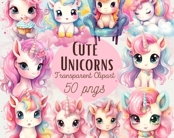 Watercolor Kawaii Unicorn Clipart Bundle: Rainbow PNG Graphics (Commercial Use)