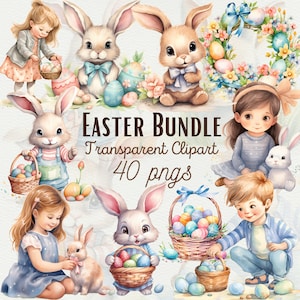 Aquarela Páscoa Clipart Pacote Gráficos de Coelhinho da Páscoa Ovos de Páscoa PNG Berçário Clipart de Páscoa Aquarela Cute Bunny Clipart Uso Comercial