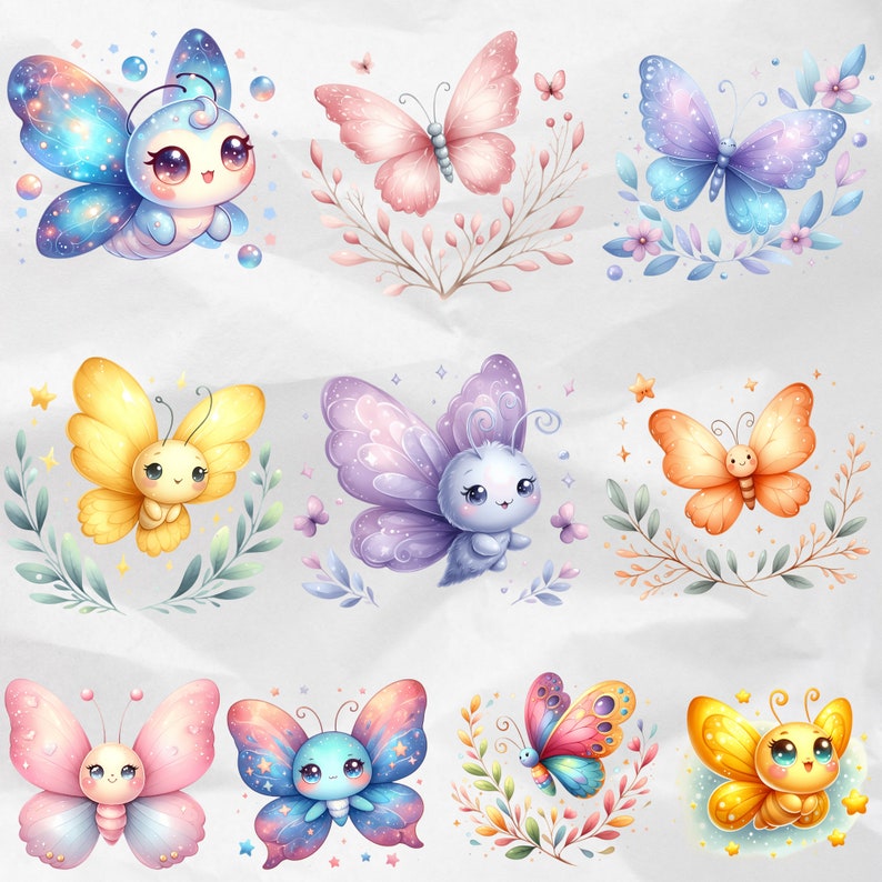 Enhance your artwork with Watercolor Butterfly Clipart, featuring kawaii butterflies and floral elements. These colorful butterfly PNG graphics are perfect for spring and pastel themes, available for commercial use.