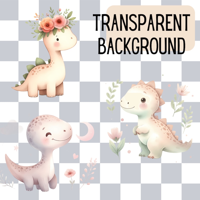 Watercolor Dinosaur Clipart includes adorable baby dinosaur PNG images perfect for birthday party decor, baby showers, and nursery designs. These cute dino illustrations and dinosaur stickers are ideal for commercial use in various creative projects.