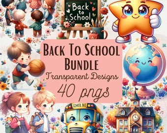 Ensemble de cliparts aquarelle pour la rentrée des classes, autocollants de professeur PNG Ensemble de cliparts d'autobus scolaire en PNG pour l'école, dessins de fournitures scolaires PNG à usage commercial