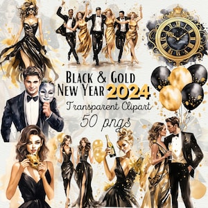 Bonne année Clipart Nouvel An 2024 Noir et Or Clipart Illustration Fête du Nouvel An Cadeaux du Nouvel An Fête Célébration Graphique PNG