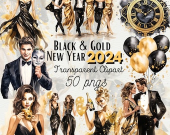May include: Black and gold New Year 2024 clipart set with 50 png images. The set includes images of people in formal attire, a clock, and balloons.