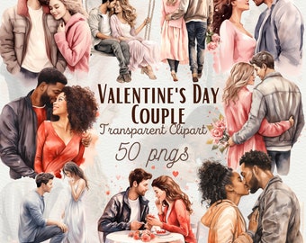 May include: A digital illustration set of 50 watercolor-style images of couples in various poses. The images are perfect for Valentine's Day cards, invitations, and other romantic projects. The text "Valentine's Day Couple Transparent Clipart 50 pngs" is included in the image.
