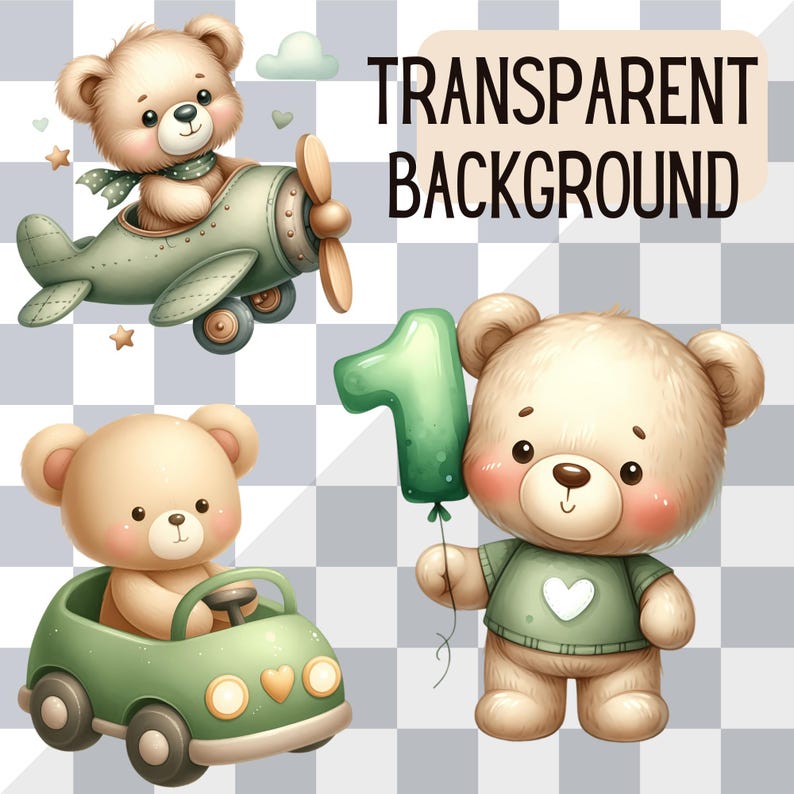 Green Teddy Bear Clipart Bundle - Cute Digital Graphics for Kids Crafts ...