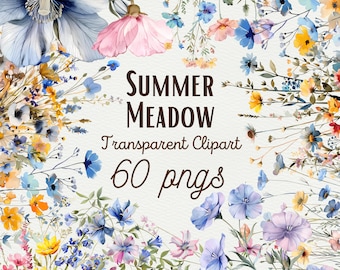 Watercolor Meadow Clipart Wild Flower Watercolor Clipart Botanical Wildflowers Clipart wild Floral Bouquet PNG Wildflower Wreath Clipart PNG