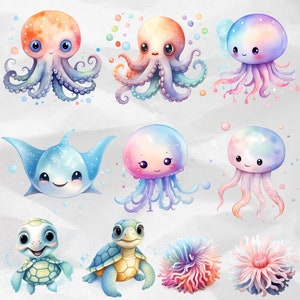 Transform your nursery with Watercolor Undersea Clipart – a collection of cute ocean baby animals in PNG format. Perfect for decor, featuring jellyfish, seagrass, octopus, and turtles for an undersea theme