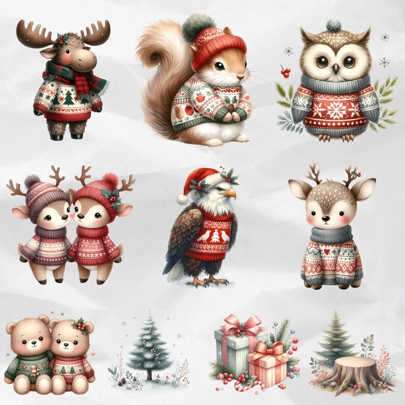 Christmas Woodland Animals Clipart PNG - Cute Watercolor Graphics for ...