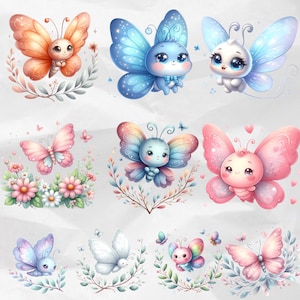 Infuse your projects with charm using Watercolor Butterfly Clipart, featuring kawaii floral butterflies. These colorful PNG graphics are ideal for spring and pastel themes, suitable for commercial use.