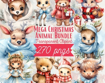 Cute Christmas Animals Clipart Bundle – Holiday Graphics (270 PNG)