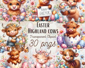 Watercolor Easter Highland Cow Clipart Baby Highland Cow Designs Floral Easter Clipart Easter Eggs PNG Cute Easter Clipart Commercial Use