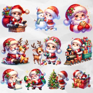 Watercolor Santa Claus clipart bundle with a charming Christmas sleigh and flying reindeer in high-resolution PNG format. Perfect for digital holiday decor, creative invitations, festive scrapbooking, and commercial use projects.