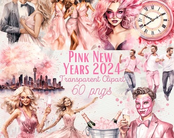 Pink New Year 2024 Clipart, Party Graphics (PNG, 300 DPI)