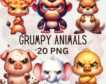 Grumpy Animals Clipart Cute Funny Animals Clipart Bundle do wydrukowania Funny Animals Cute Cartoon Animal Graphics Safari Animals Do użytku komercyjnego