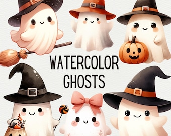 Cute Ghost Halloween PNG Bundle Cute Boho Ghost Clipart Spooky Halloween Clip Art Halloween Watercolor Ghost Clipart Designs Commercial Use