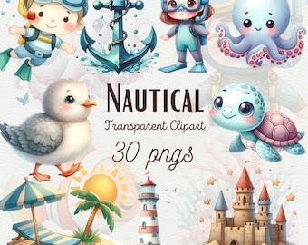 Watercolor Nautical Clipart Beach PNG Clipart Coastal decor Summer Clipart Beach Graphics Watercolor Ocean PNG Travel Clipart Commercial Use