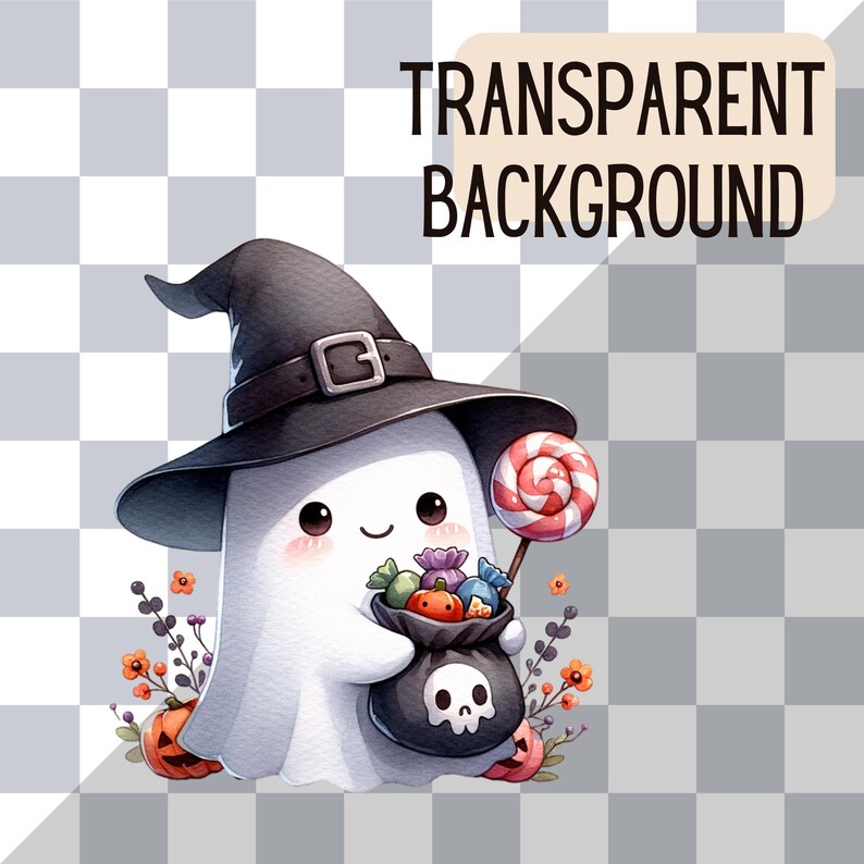 Adorable Halloween ghost clipart bundle in watercolor, perfect for fall and autumn-themed designs, sublimation projects, and decor. Available in PNG format for commercial use.