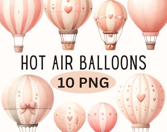 Clipart de globo aerostático de acuarela, clipart de globo rosa, clipart de baby shower rosa, diseños de guardería PNG, descarga digital para uso comercial