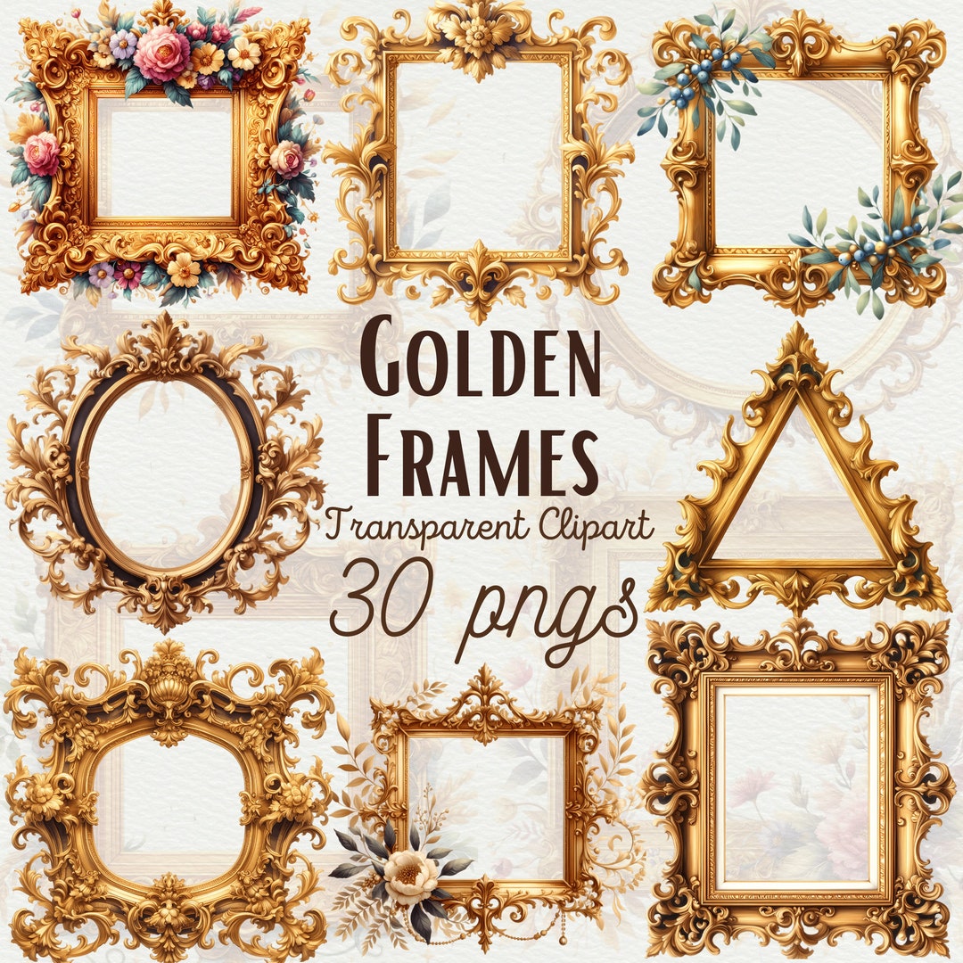 Watercolor Antique Gold Frames Clipart: Vintage Rococo PNG (commercial ...