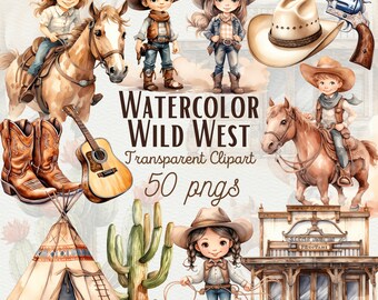 Watercolor Wild West Clipart: Cowboy, Cowgirl, Boots PNG (50 Files)