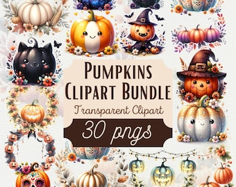 Watercolor Pumpkin Clipart: 30 Autumn Halloween PNG Graphics (Commercial Use)