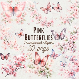 Aquarelle Rose Papillons Clipart Aquarelle Printemps Fleurs Clipart Mariage Clipart Rose Papillon Clipart Téléchargement Numérique Utilisation Commerciale
