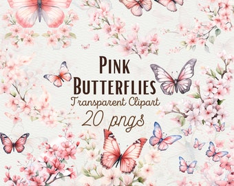 Aquarel clipart van roze vlinders, lentebloemen (digitale download)
